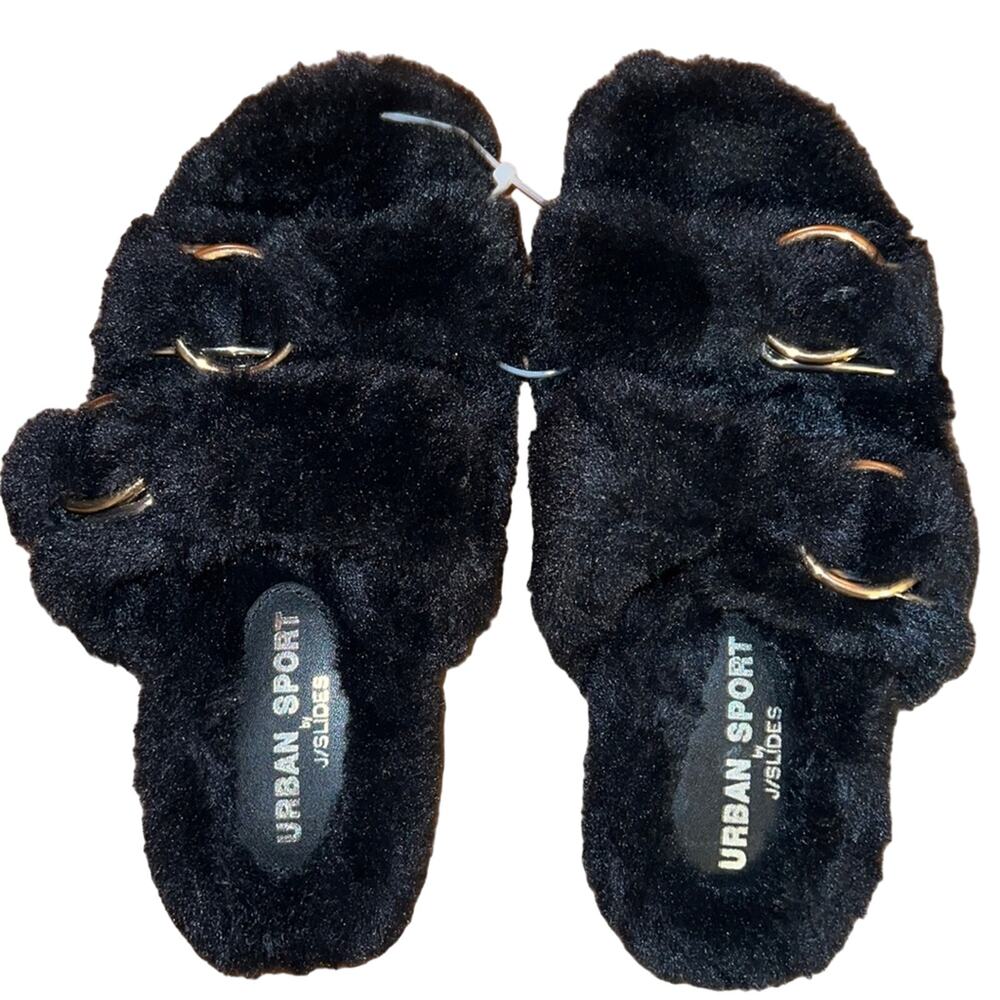 URBAN SPORT by J/Slides Bree Babee Faux Fur Slides Slippers Black Size 7 NWOT